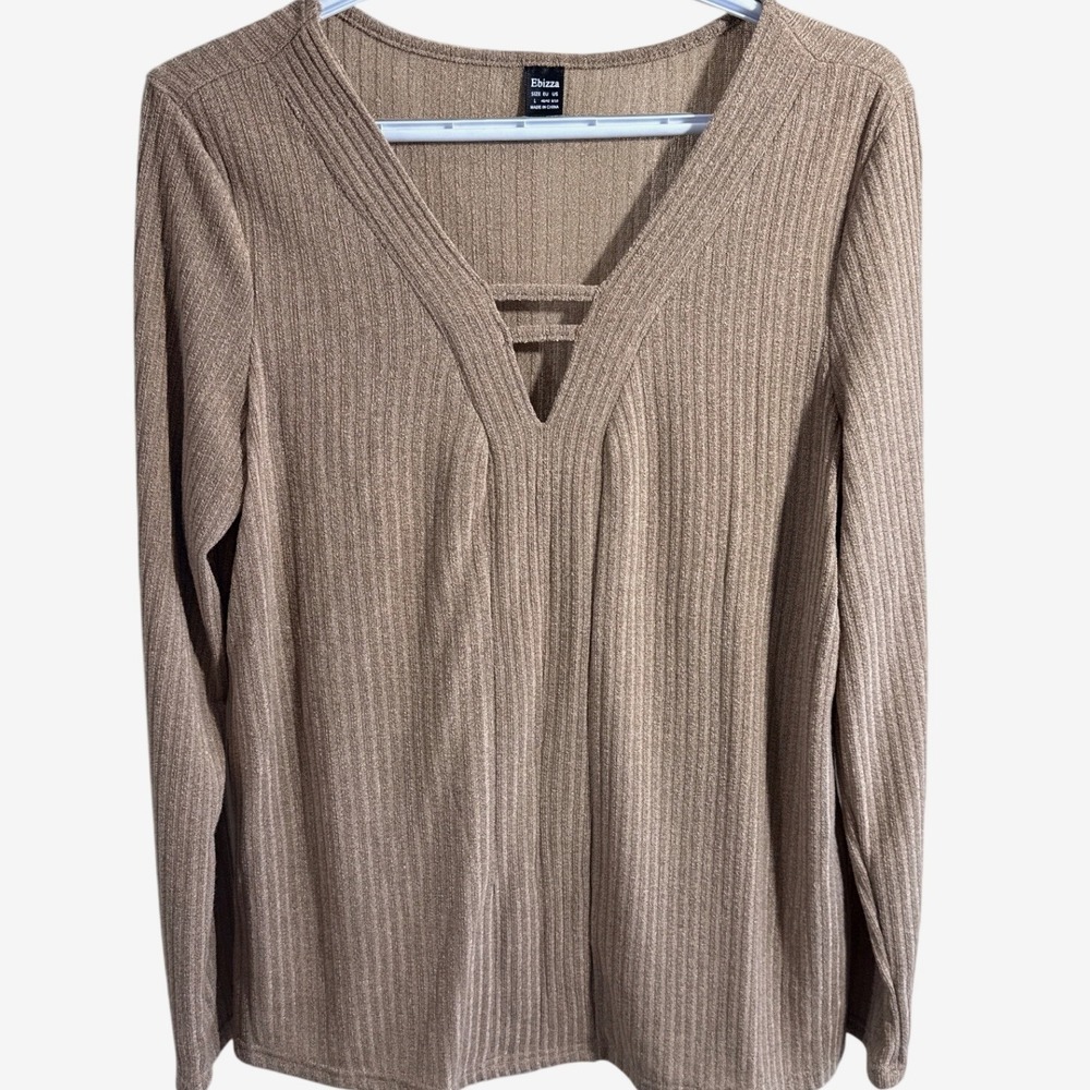 Ebizza Womens Ribbed V-Neck Long Sleeve Top Tan Brown Strap Detail Size Large